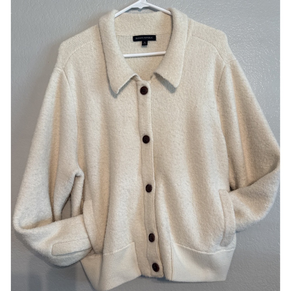 Banana Republic Heritage Bomber Sweater Jacket Women XL Cream Wool Quiet Luxury